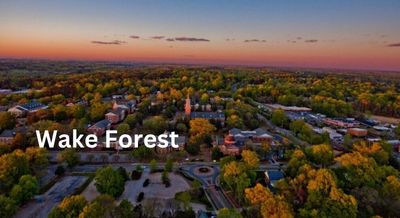 Aerial view of Wake Forest, NC, showcasing lush greenery and charming small-town buildings at sunset